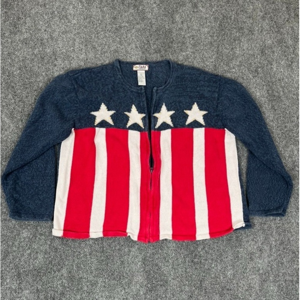Tiara International Zip Womens Red White‎ Blue Stars & Stripes Cardigan Size XL
